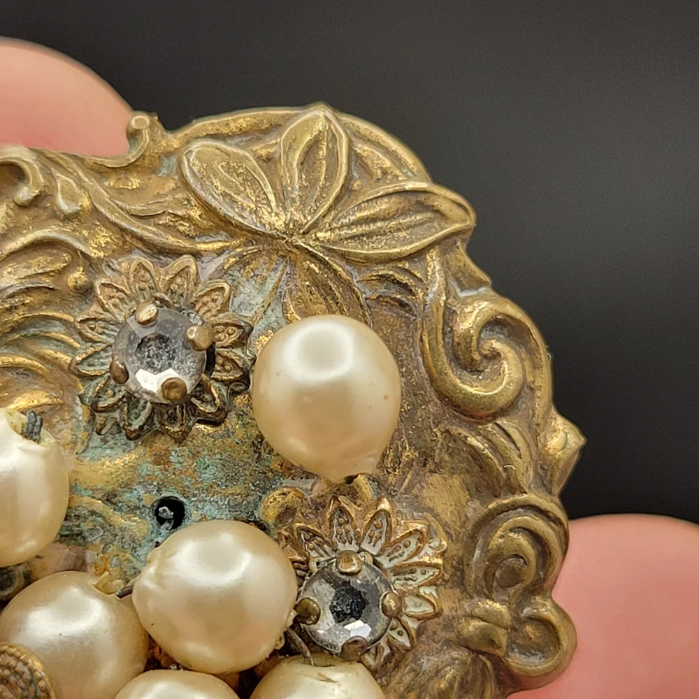 Vintage Art Nouveau Brass Faux Cluster Pearl Sterling Clip-On Earrings *AS-IS* - Picture 7 of 15